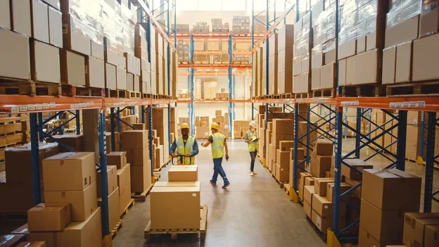 Workers in a 3PL warehouse aisle